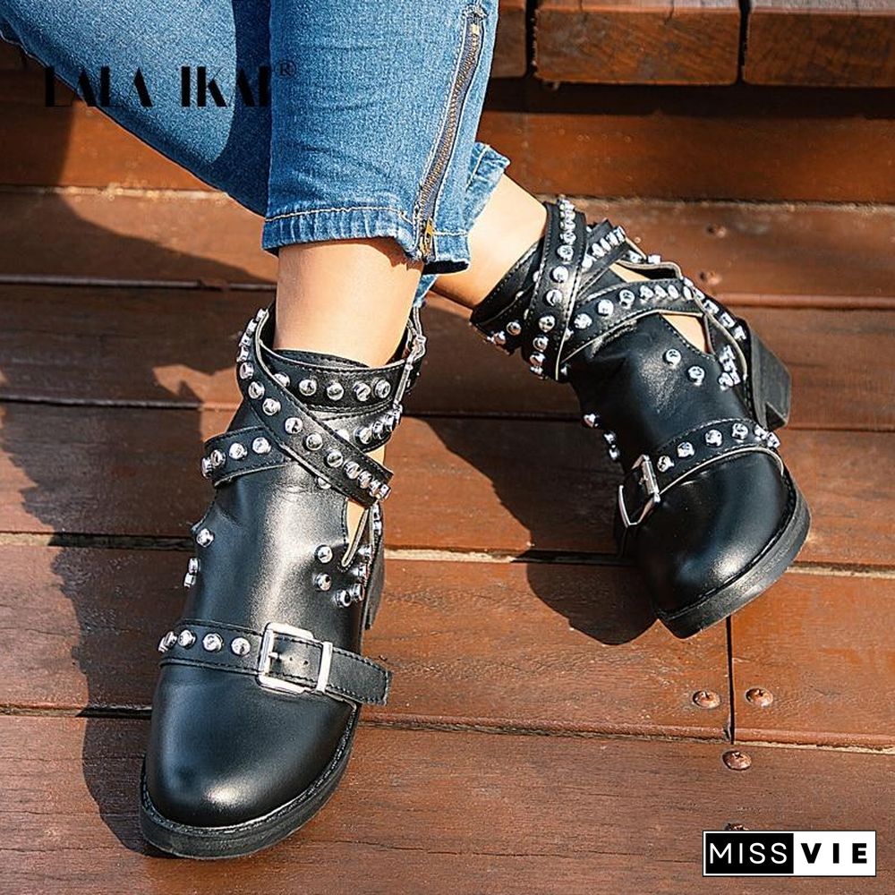 Women Black Ankle Boots Buckle Strap Rivet Shoes Female Pu Leather Motorcycle Boots Punk Boots