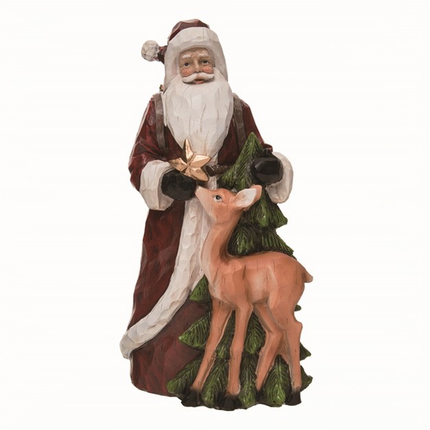 Transpac Resin Multicolored Christmas Carved Santa And Deer Figurine