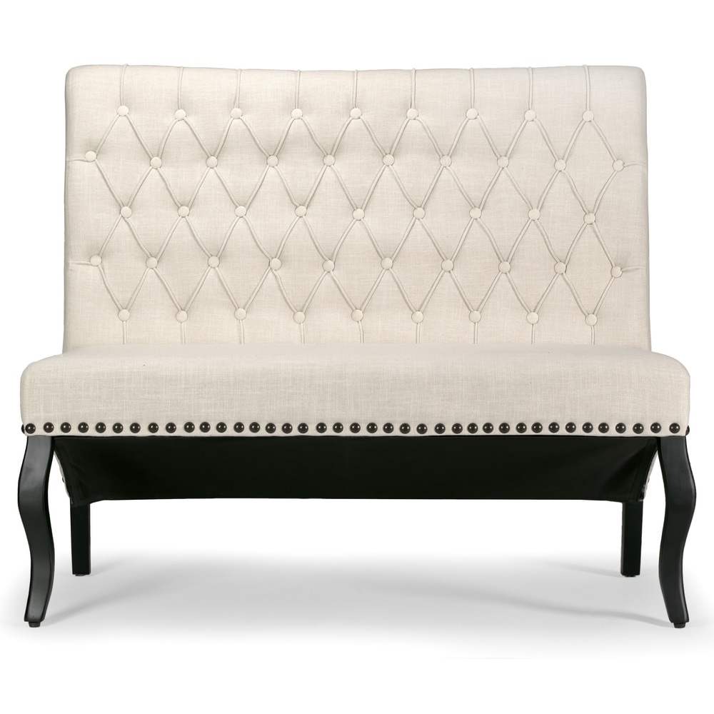 Alisa Beige Upholstered Settee Banquette Bench Loveseat Button Tufted