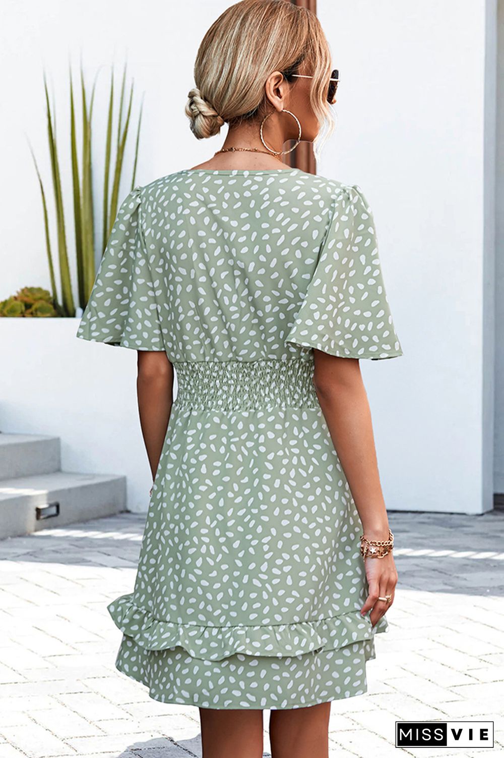 V Neck Flare Sleeves Spot Print Smocked High Waist Dress