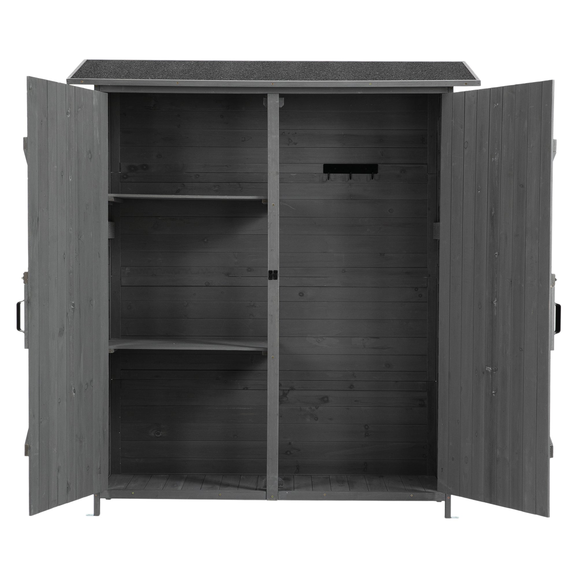 LZBEITEM 64" Wooden Outdoor Garden Storage Shed，Furniture Tool Shed Double Doors，Asphalt Roof Wood Storage Cabinet with Lock and Shelves,Gray