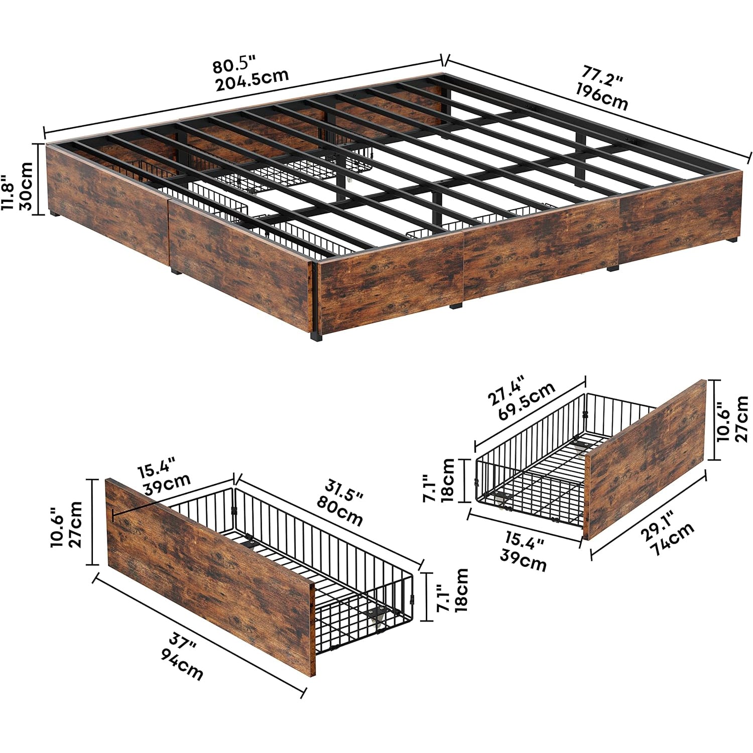 Bed Frame with 4 Drawers, Queen and King Size Headboardless Bed Frame