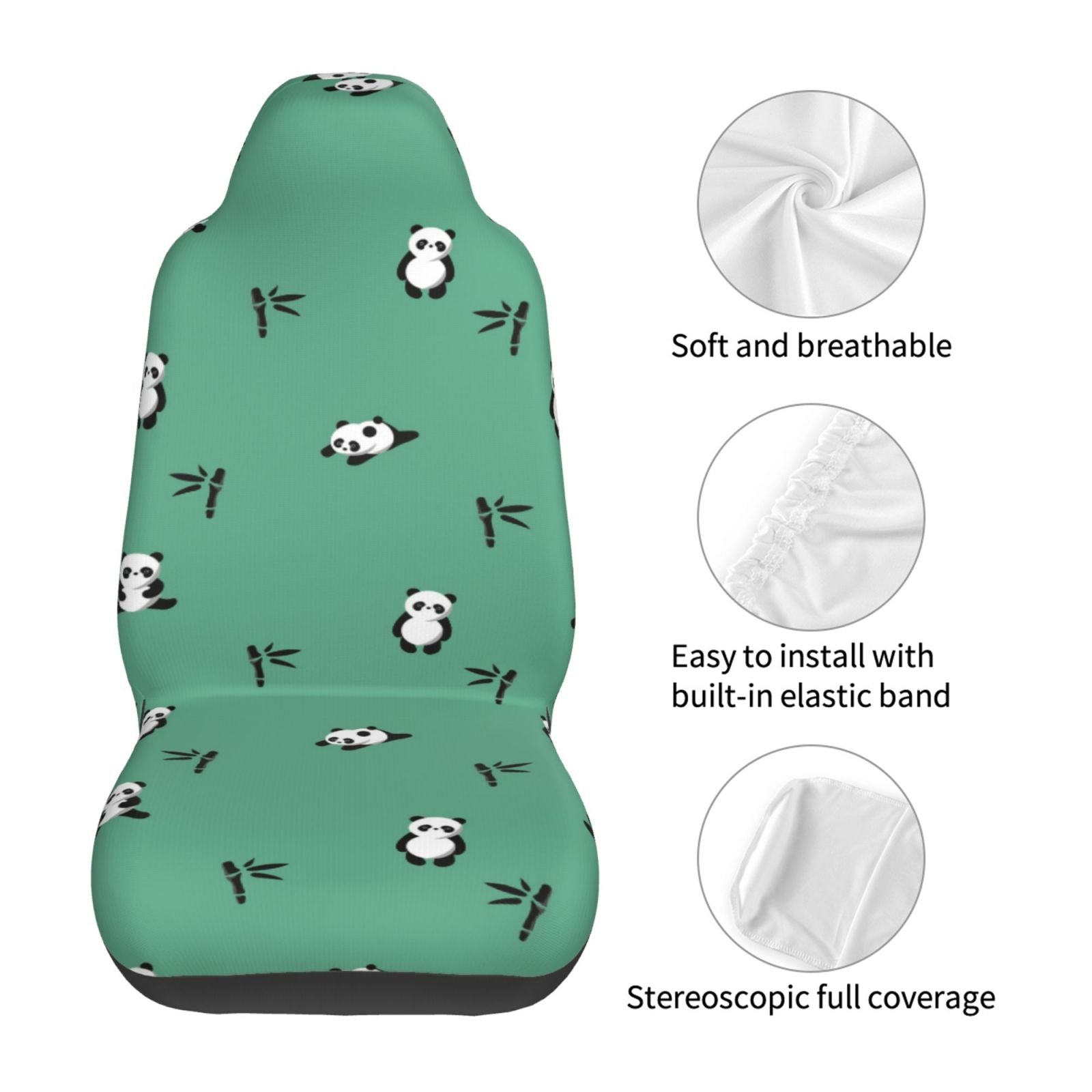 TEQUAN Front Seat Covers， Cute Pandas Green Pattern 2 Piece Car Seat Cover Fit Most Car SUV Truck Van