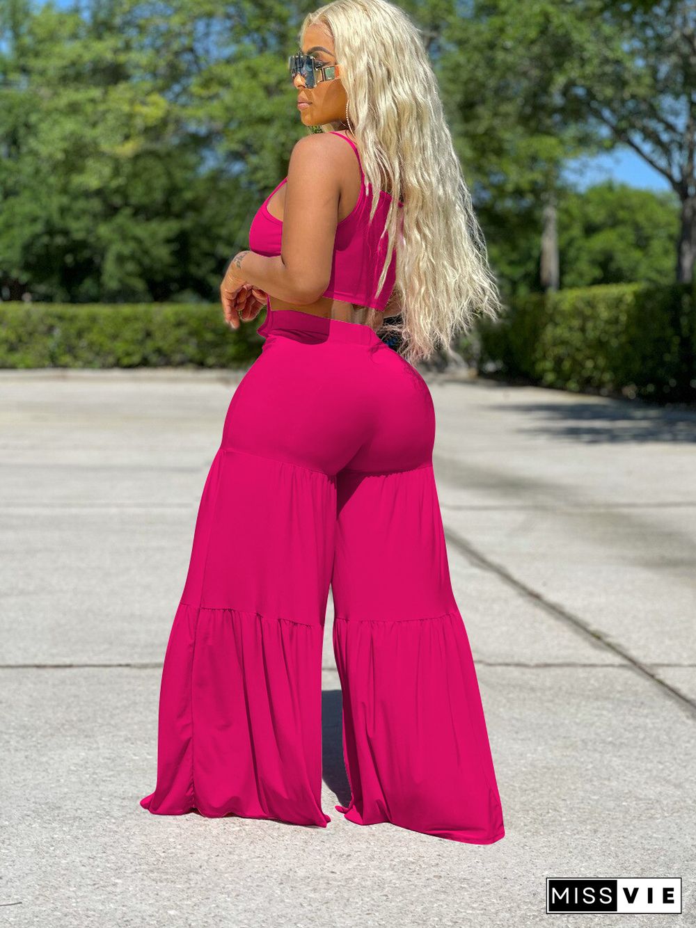 Popular Casual Fashion Summer Solid Color Wide-leg Pants Two-piece Set