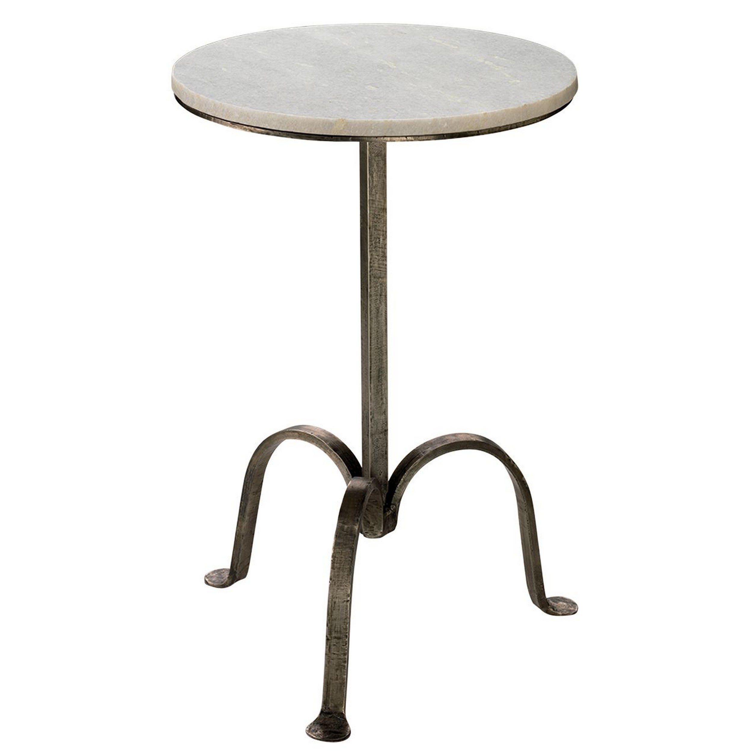 22 Inch Accent Side Table， Round Marble Top， Curved Metal Tripod Base， Gray