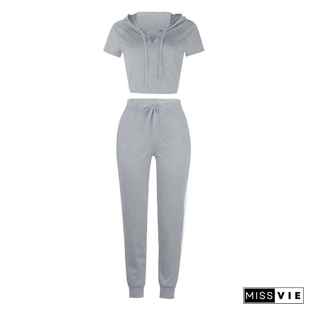 Summer 2 Piece Set Women Sexy Bandage Two Piece Set Top and Pants Long Pants Suit Female Short Sleeve Crop Tops Tracksuit