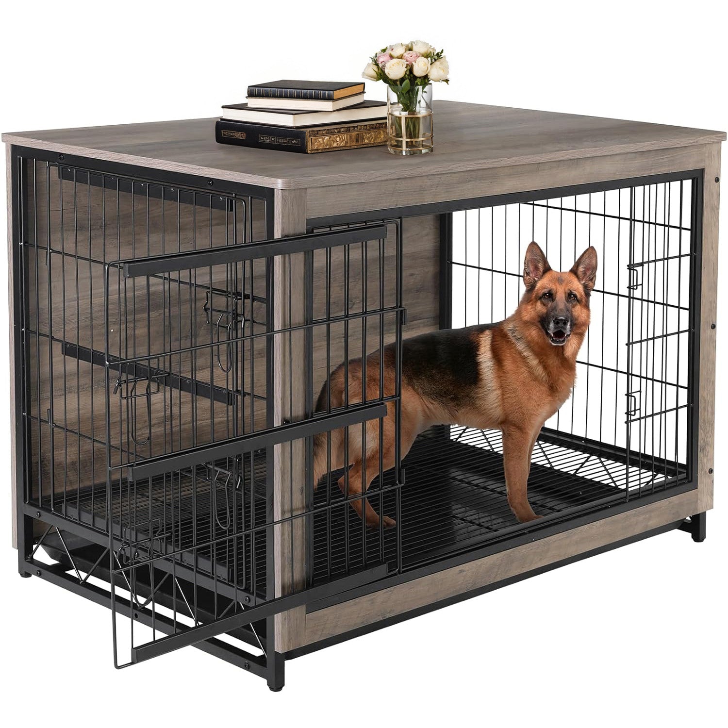 Dog Crate Furniture 44-inch Side End Table, Dog Cage with Pull-Out Removable Tray for Large Pets