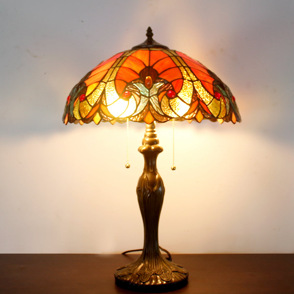 Tiffany Table Lamp Red Liaison Stained Glass Style Shade Metal Base 24" Tall Large Bedside Desk Light Living Room Bedroom Country Farmhouse Luxurious Memory Lamp Sympathy LED Bulb Included