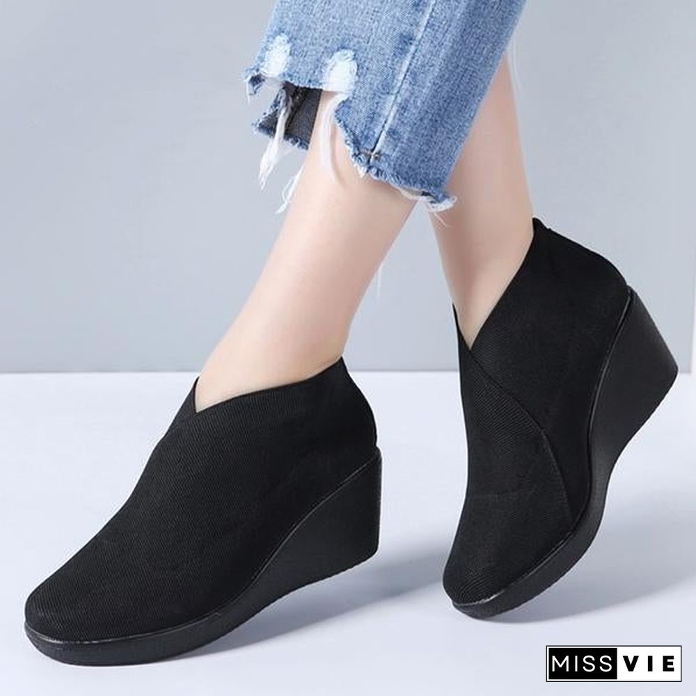 Women Flat Platform Slip on Casual Leather Loafers Black Fabric Flats