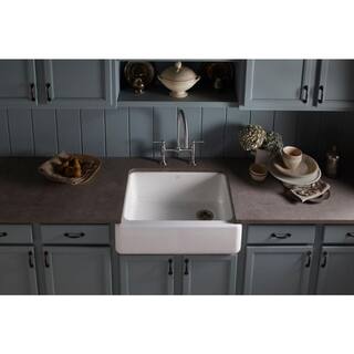 KOHLER Whitehaven Farmhouse Undermount Apron Front Cast Iron 30 in. Self-Trimming Single Bowl Kitchen Sink in White K-6487-0