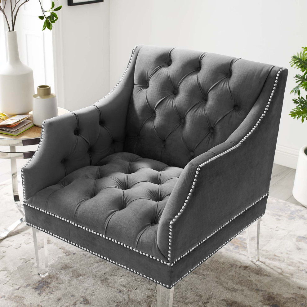 Gray Proverbial Tufted Button Accent Performance Velvet Armchair   Contemporary   Armchairs And Accent Chairs   by Uber Bazaar  Houzz