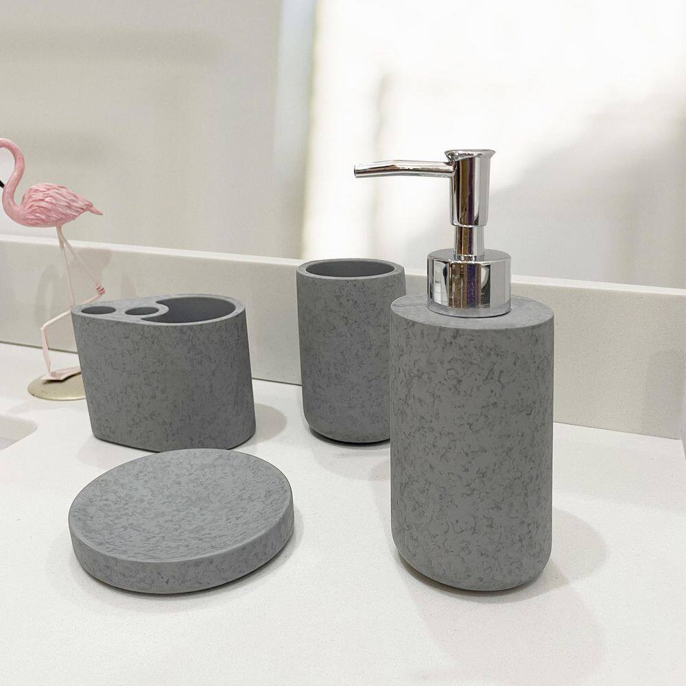 FORCLOVER 4-Piece Bathroom Accessory Set with Soap Pump Soap Dish Toothbrush Holder and Tumbler in Gray QNM-A10-4