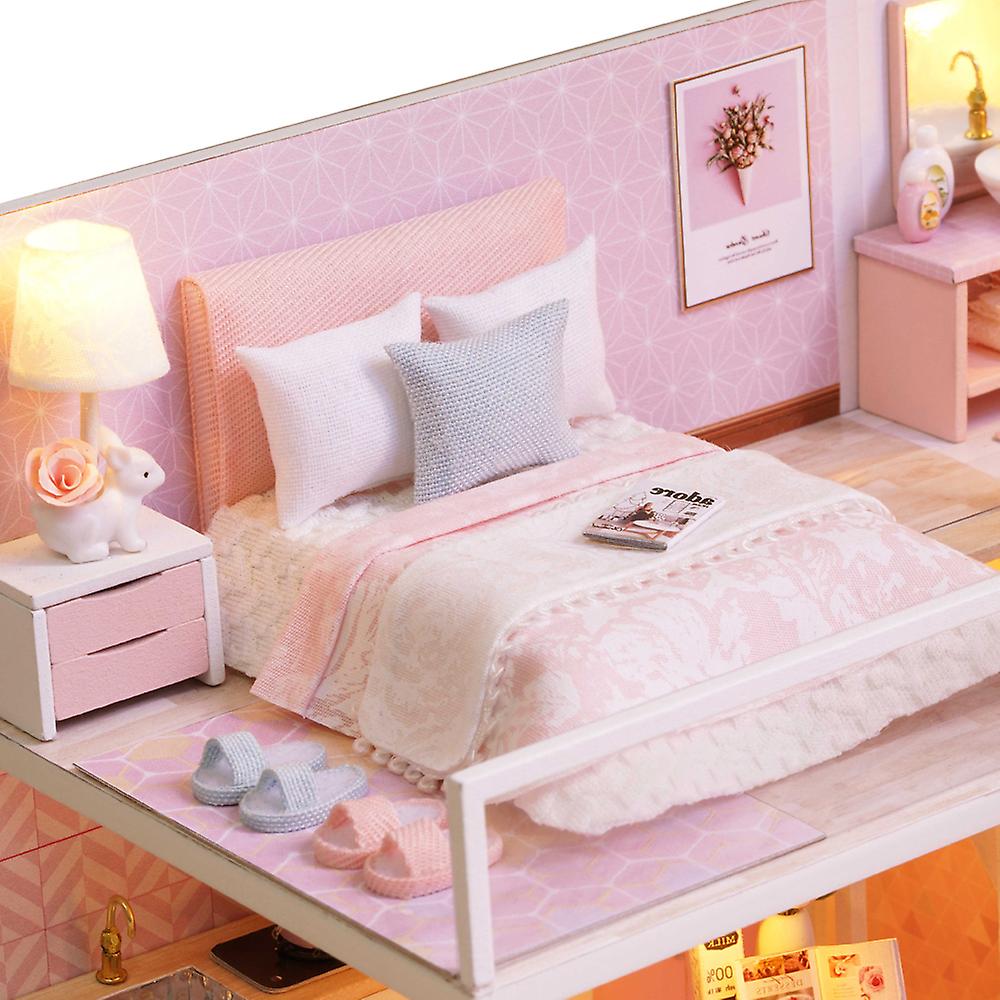 Diy Miniature Loft Dollhouse Kit Realistic Mini 3d Pink Wooden House Room Toy With Led Lights Dust Cover No.329519