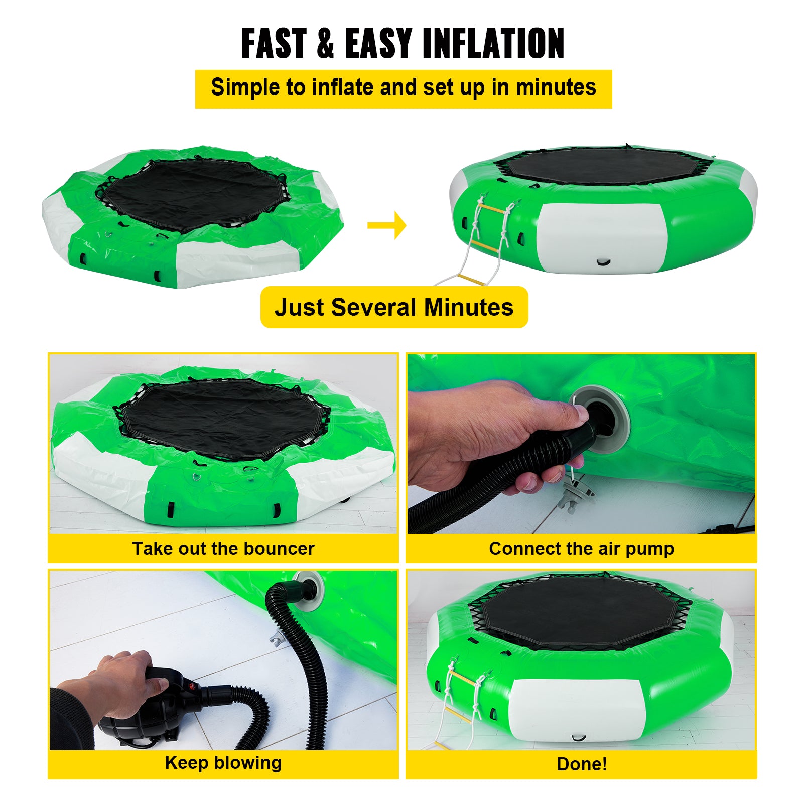 VEVORbrand Inflatable Water Trampoline 10ft ， Round Inflatable Water Bouncer with Yellow Slide and 4-Step Ladder， Water Trampoline in Green and White for Water Sports