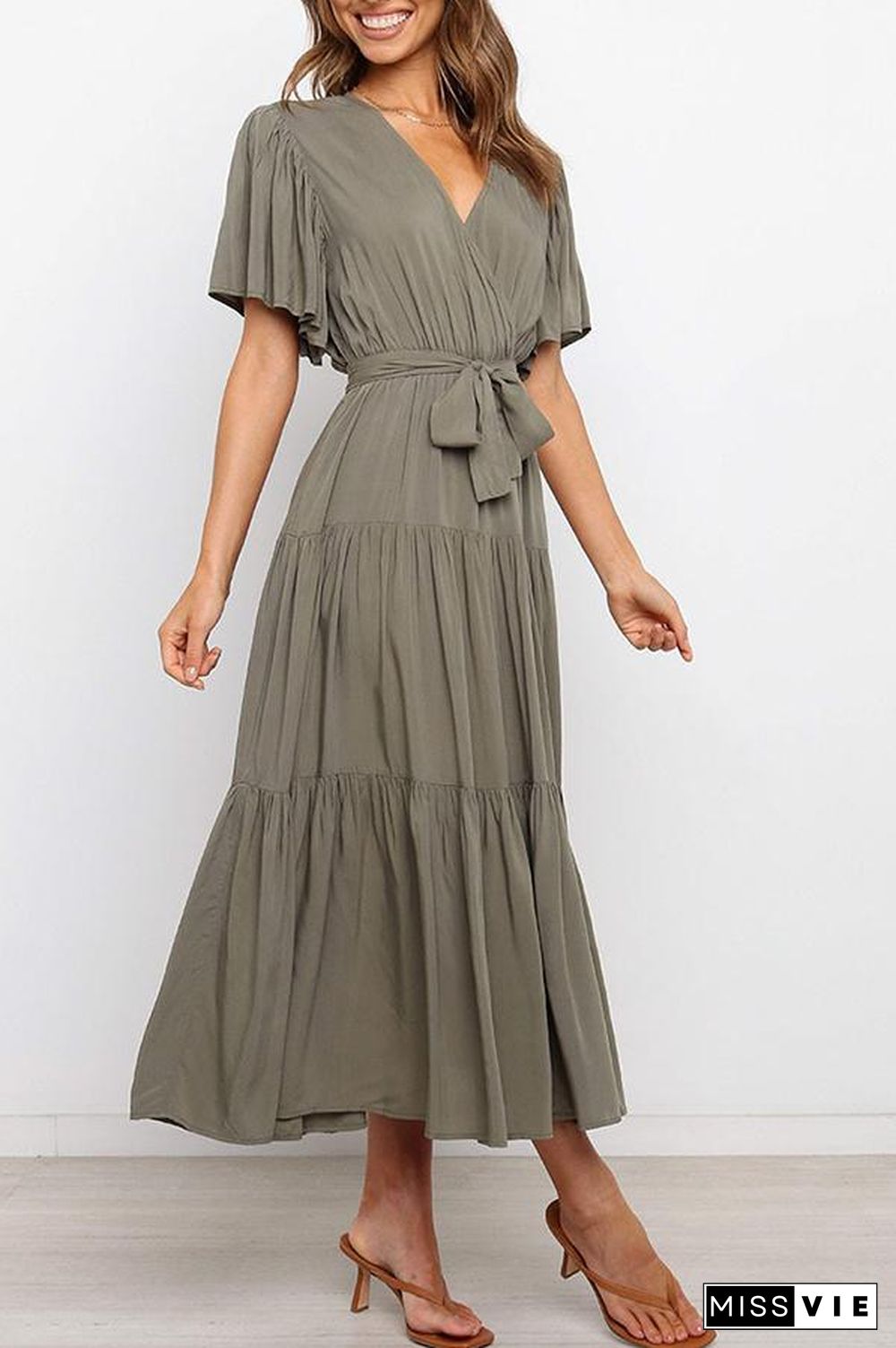 Ruffled Sleeve V-neck Tie Waist Maxi Dress P14492