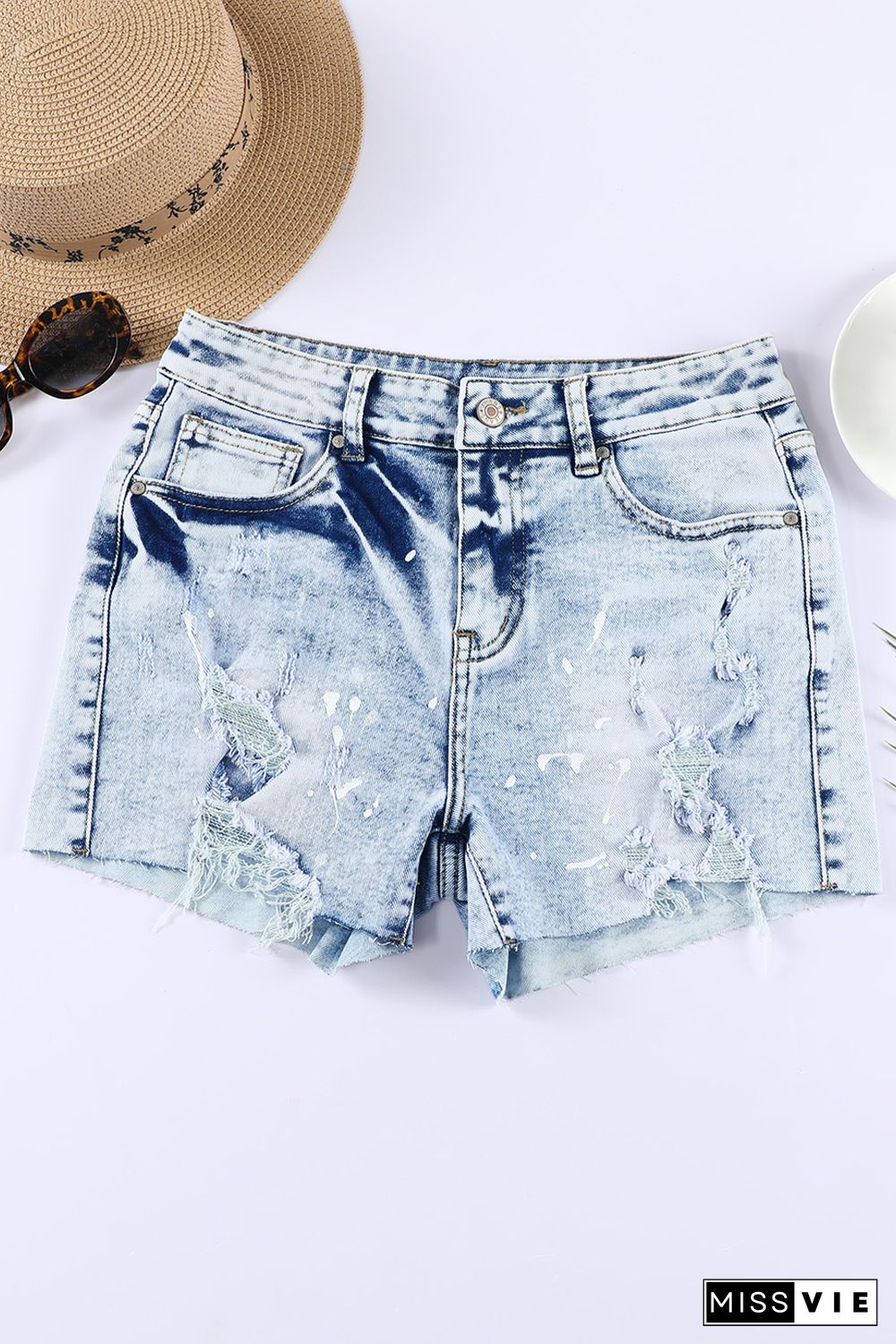 Sky Blue Distressed Bleached Denim Shorts