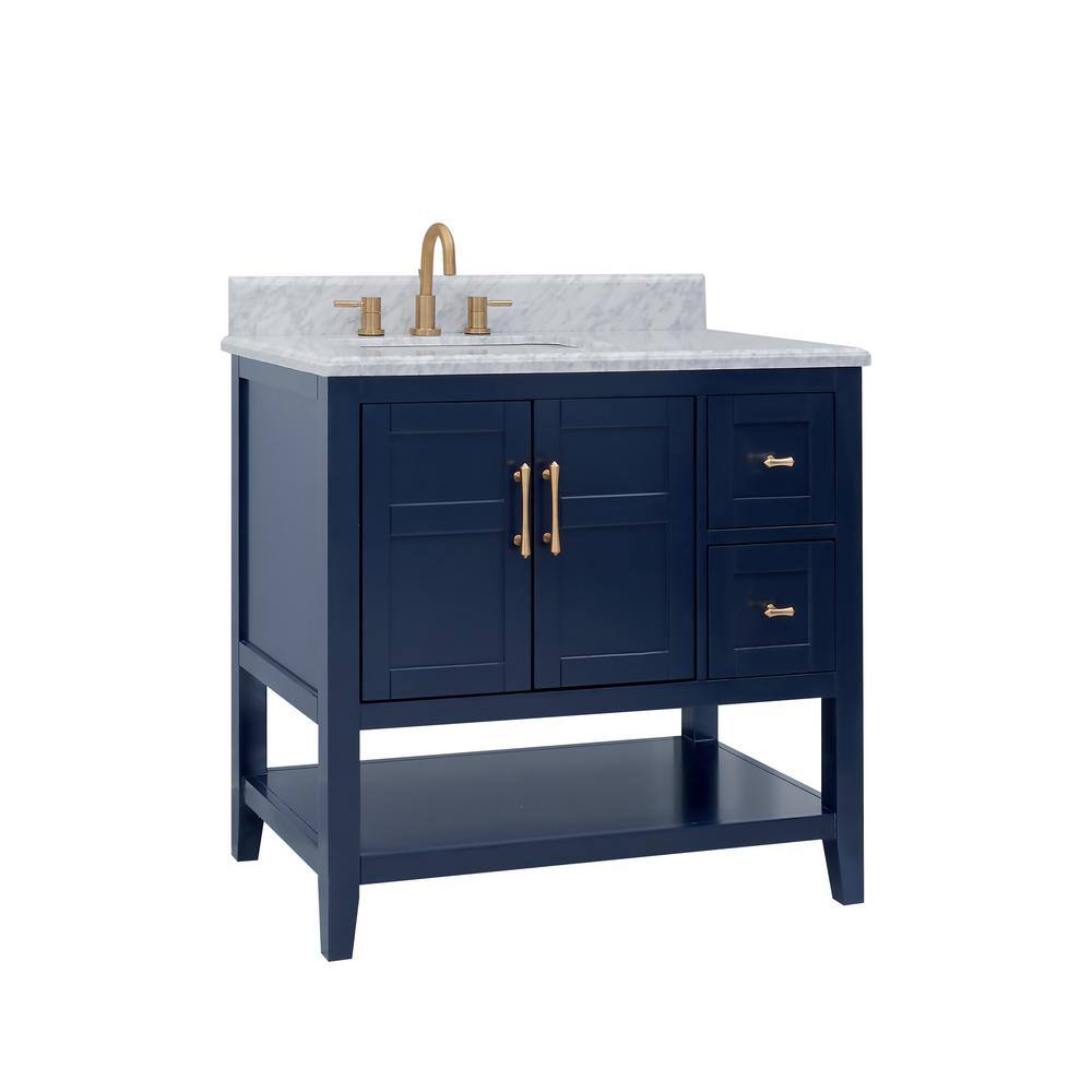 Home Decorators Collection Sturgess 37 in. W x 22 in. D x 35 in. H Open Shelf Vanity in Navy Blue with White Marble Vanity Top 19111S-VS37C-NB