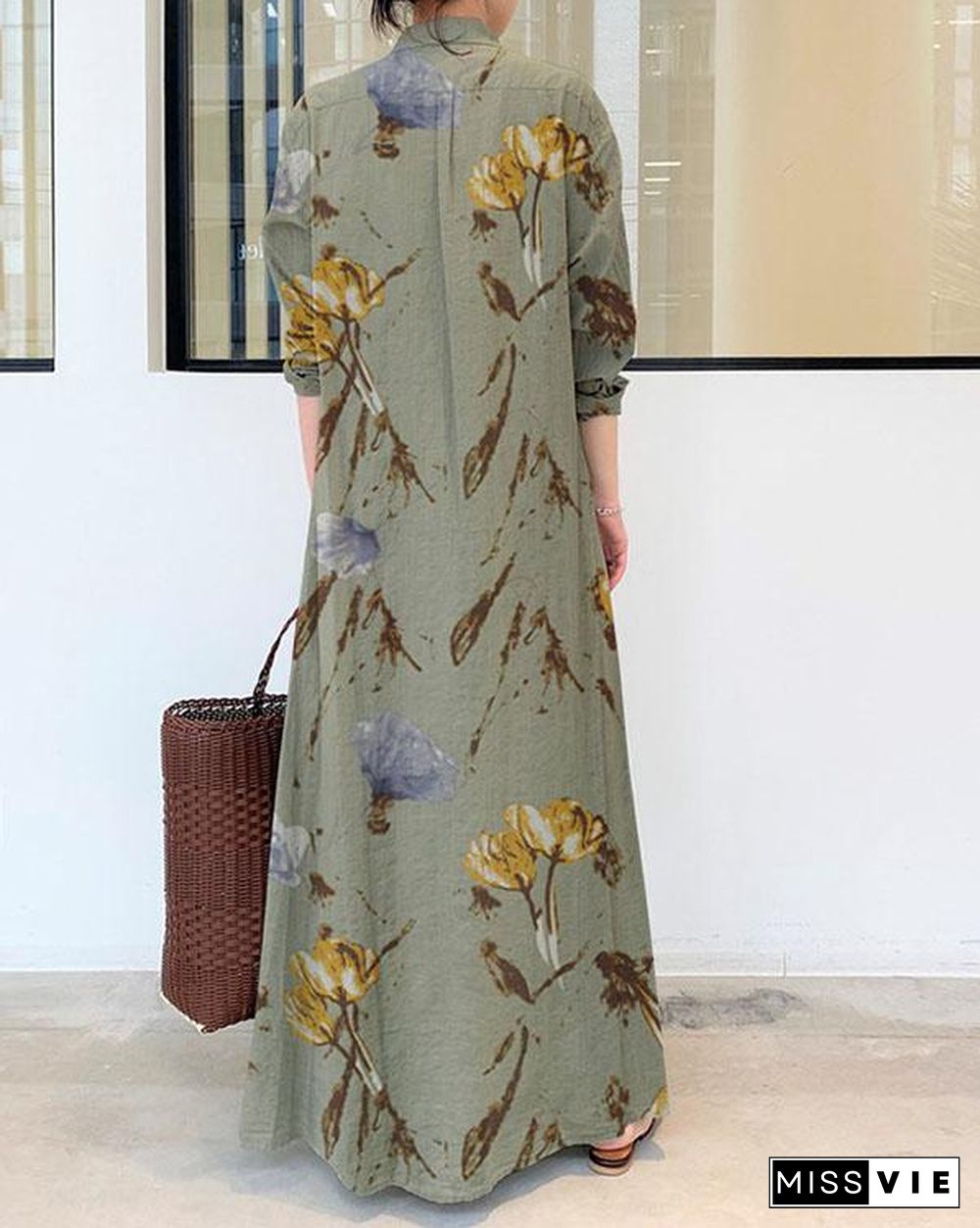 Women Floral Print Loose Linen Maxi Dresses