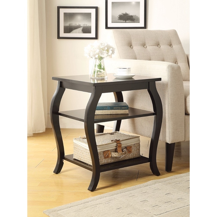 Wooden End Table with 2 Open Shelves and Cabriole Legs， Black