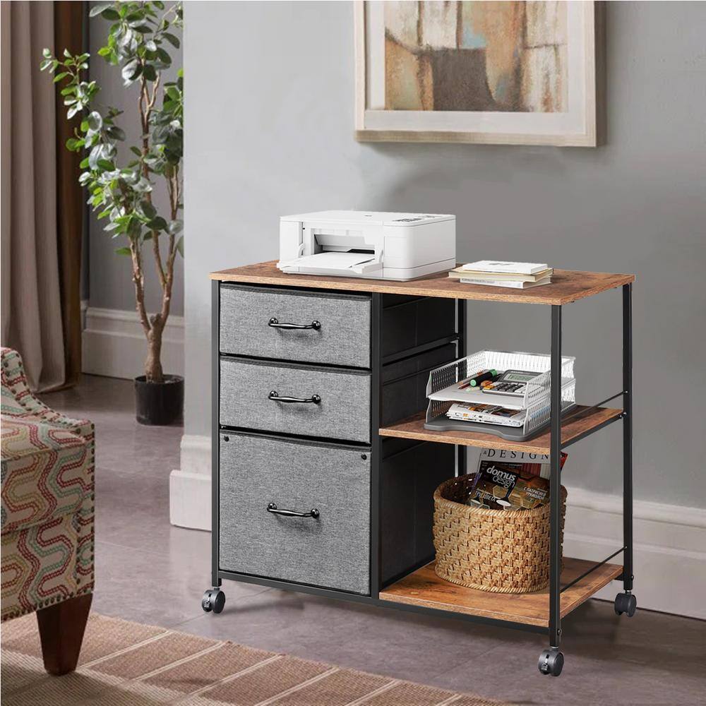 29.5 in. Brown 3-Drawer Mobile File Cabinet with Open Storage Shelf DEV-LQW1-7839