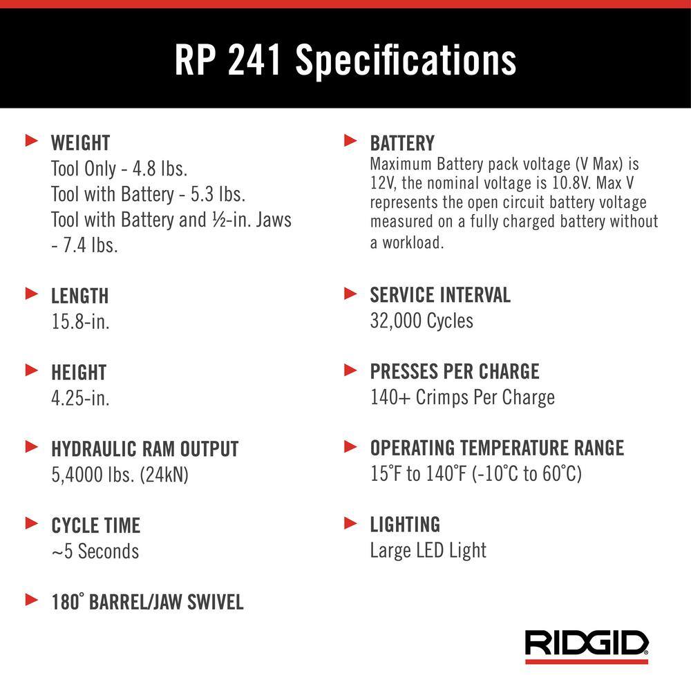 RIDGID RP 241 Compact Inline Press Tool Kit Includes 3 ProPress Jaws (12 in. 34 in. 1 in.) 2-12V Batteries Charger + Case 57373