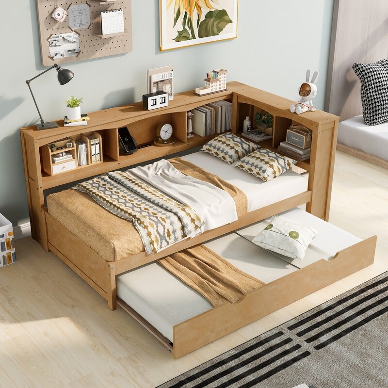 Twin Size Day Bed with Bookcases  Daybed with Trundle USB Ports and 5 Built in Storage Cabinets  Wood