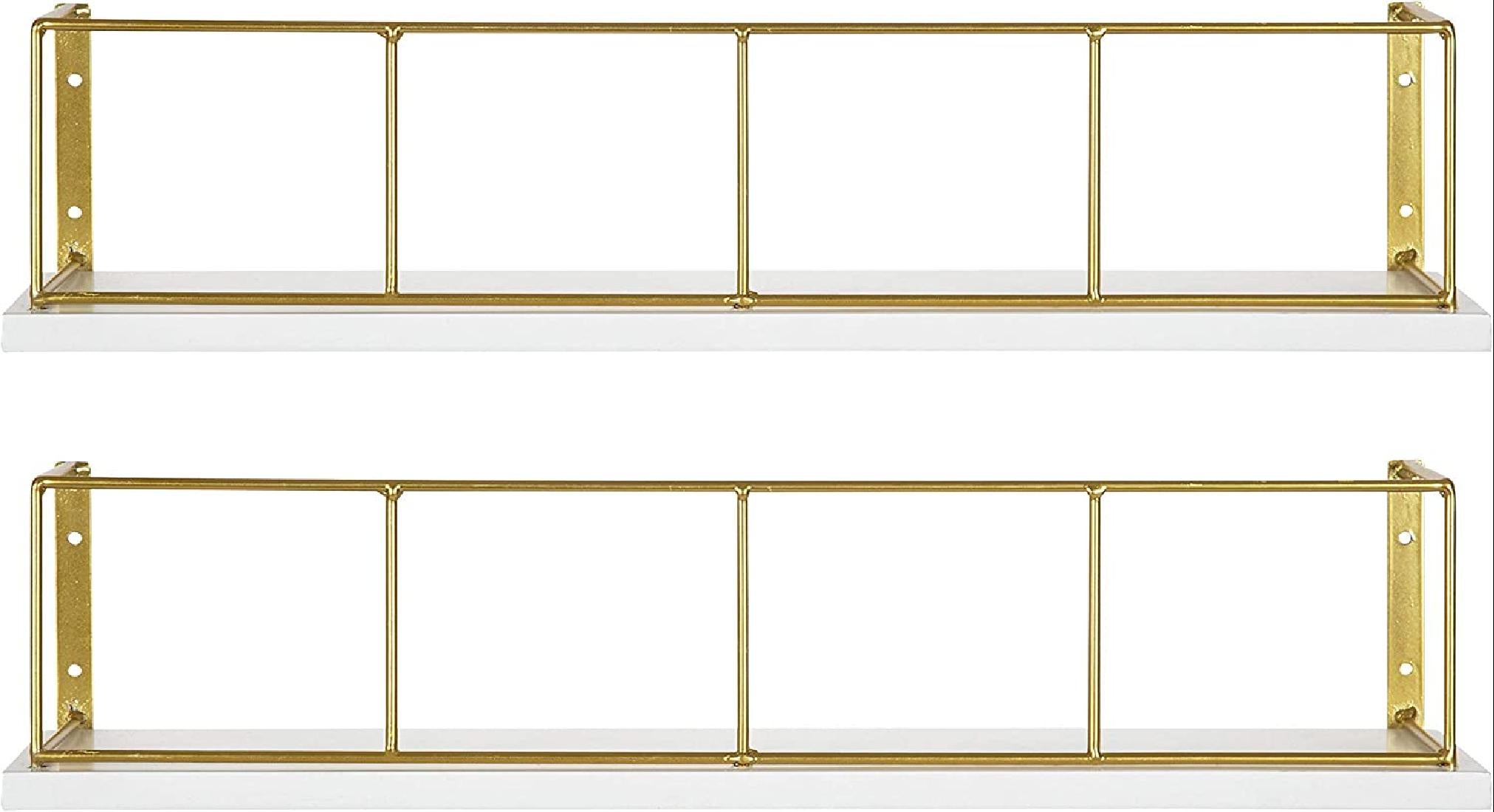 Benbrook 18-inch 2-Pack Wood Metal Floating Wall Shelves, White Gold