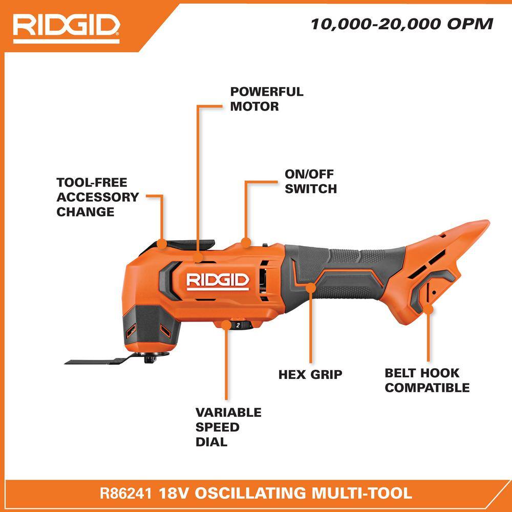 RIDGID 18V Cordless Oscillating Multi-Tool (Tool Only) with 14-Piece Oscillating Multi-Tool Blade Accessory Kit R86241B-AC24J14