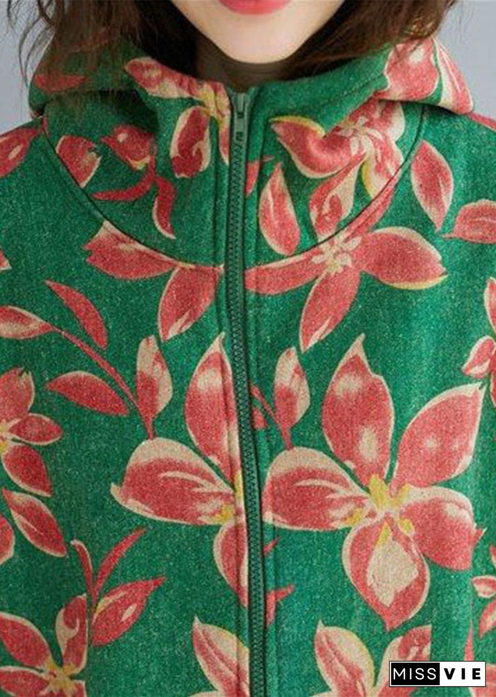 Italian Green Zip Up Print Warm Fleece Hoodie Coat Winter