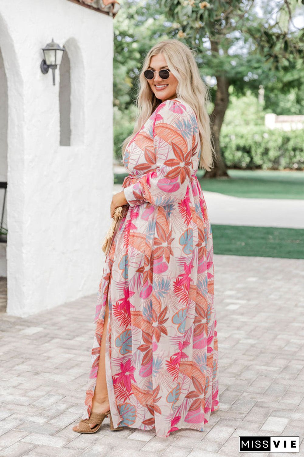 Multicolor Tropical Palm Print Tie High Waist Plus Size Maxi Dress