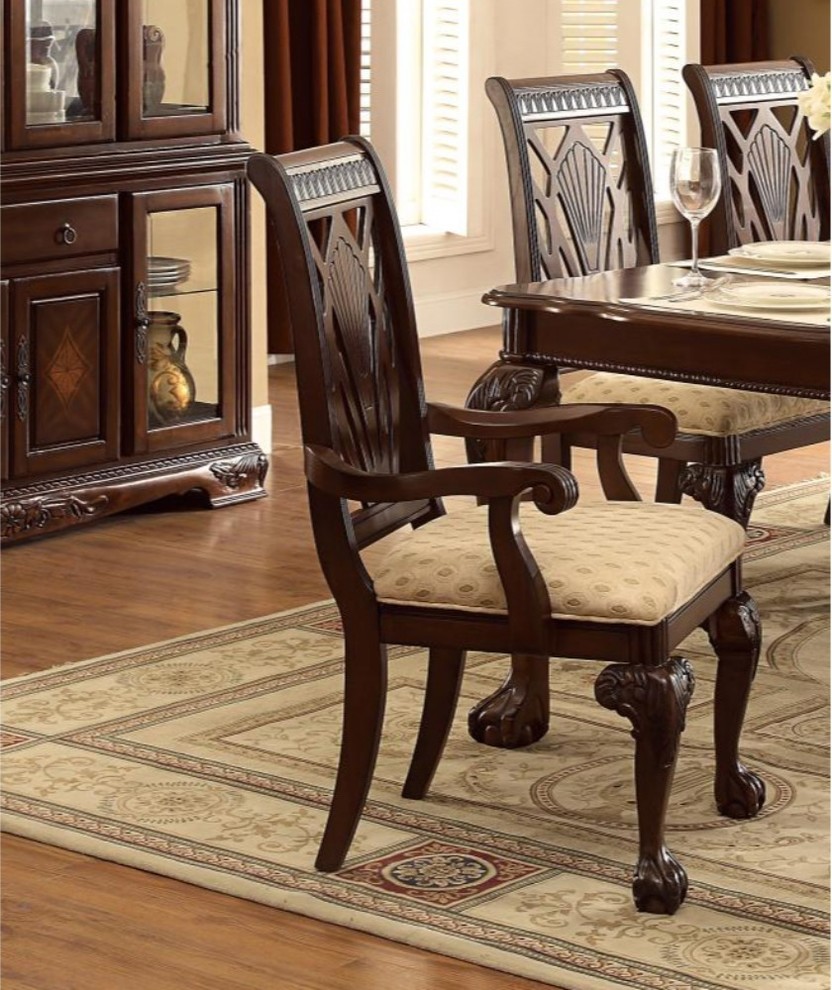 Benzara BM174343 Carved Details Wooden Dinning Arm Chair Set of 2  Brown  ampCream   Traditional   Dining Chairs   by Uber Bazaar  Houzz