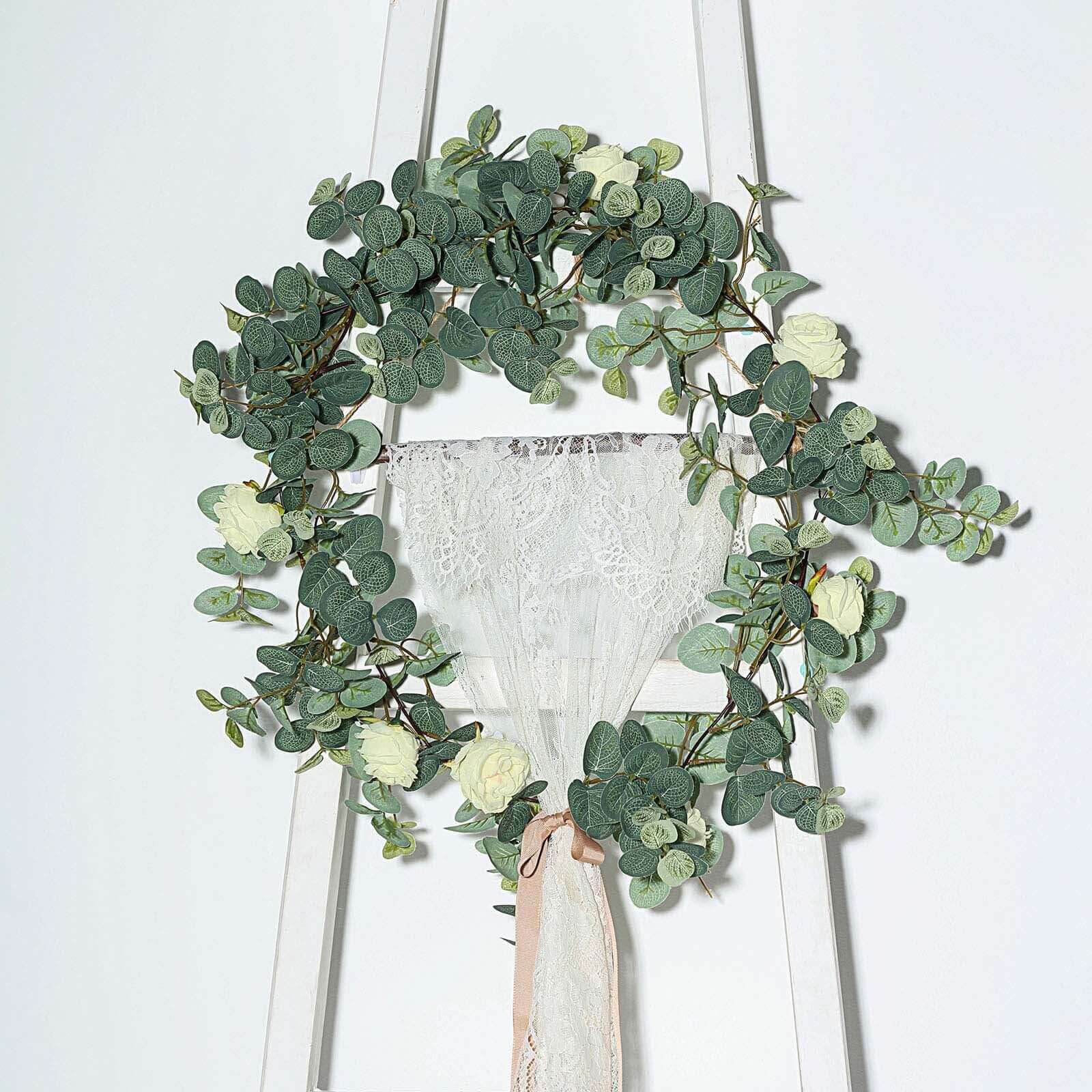 Green/Ivory Artificial Eucalyptus Leaf, Rose Flower Garland Vine 6ft