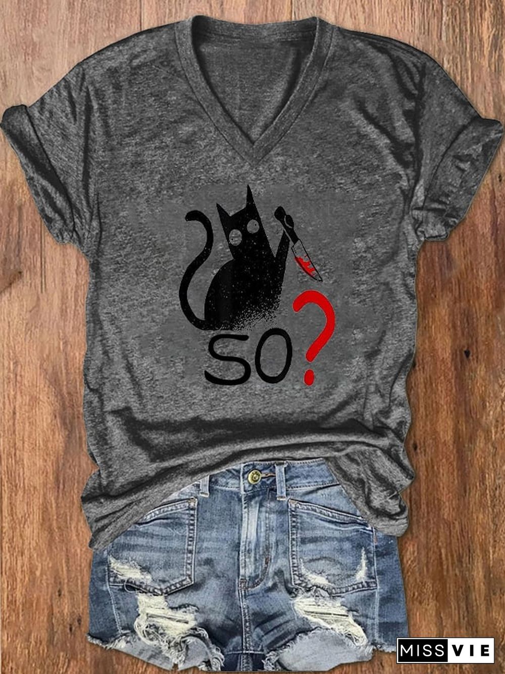 Women's Funny Cat Blood Print T-shirt