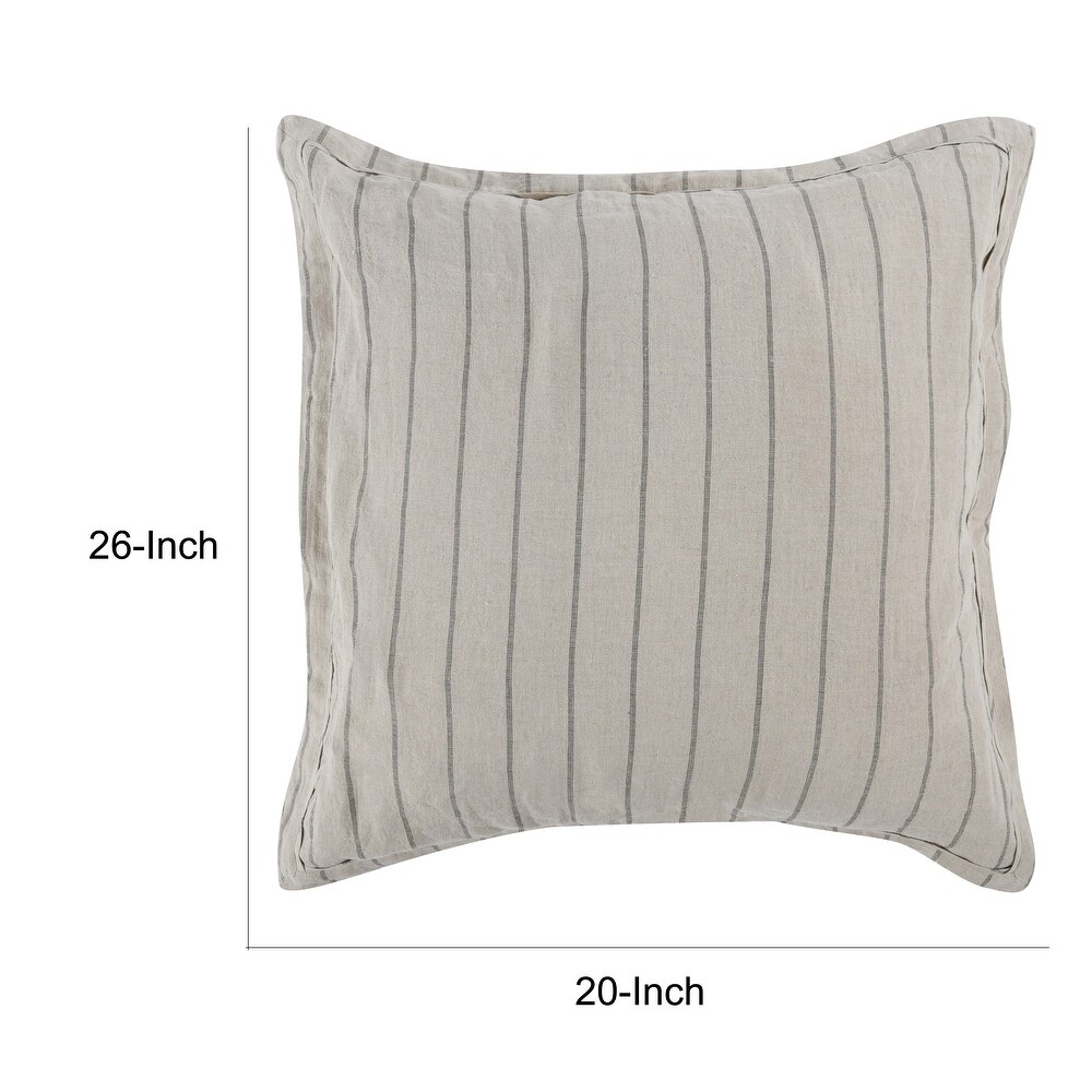 Tara 26 Inch Linen Square Euro Pillow Sham with Woven Stripe Design  Beige