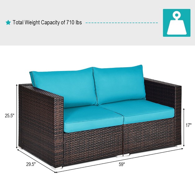 Costway 4pcs Patio Rattan Corner Sofa With Blue Cushion