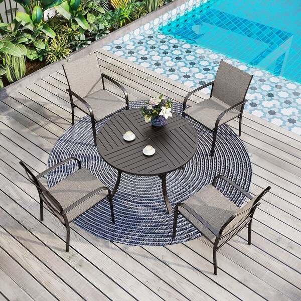 MAISON ARTS 5Piece Patio Dining Set，Geometrically Stamped Round Table and 4 Textilene Dining Chairs