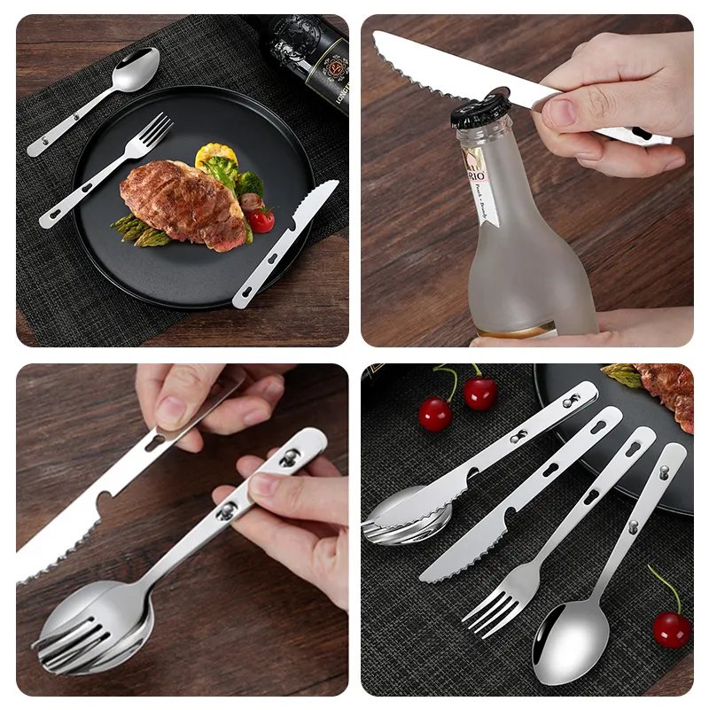 3 in 1 Camping Utensils Hiking Cutlery Set Portable Stainless Steel Flatware Spoon Fork Knife Bottle Opener Chopstick Combo pack