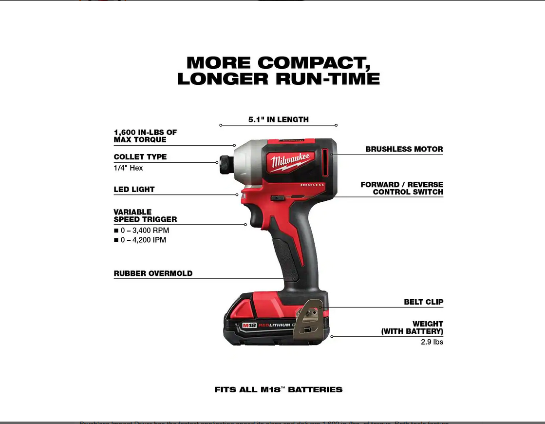 Milwaukee 2892-22CT M18 18-Volt Lithium-Ion Brushless Cordless Compact Drill/Impact Combo Kit (2-Tool)， 2801-20， 2850-20， 48-11-1820， 48-59-1812