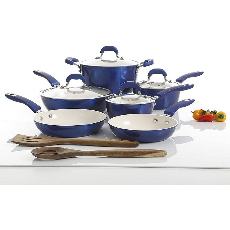 Kenmore Arlington 12 Piece Nonstick Ceramic Cookware and Accessory Set， Blue