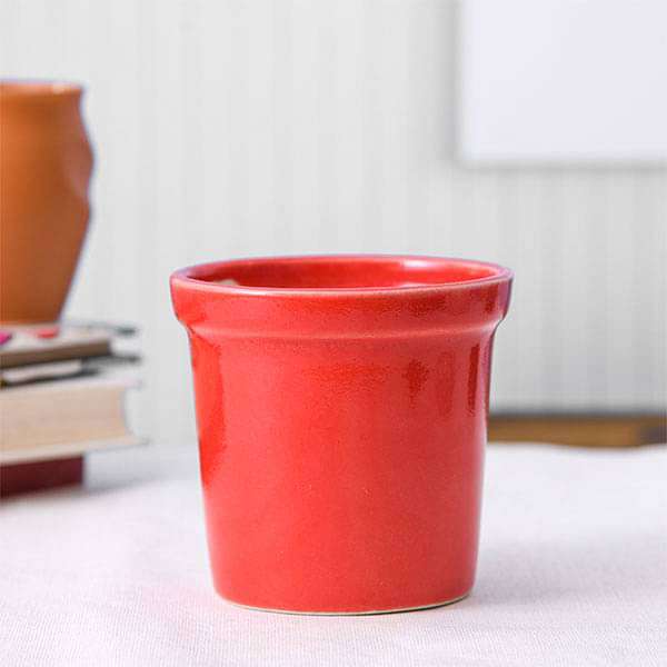 4.1 inch (10 cm) Round Ceramic Pot with Rim (Red) (set of 2)