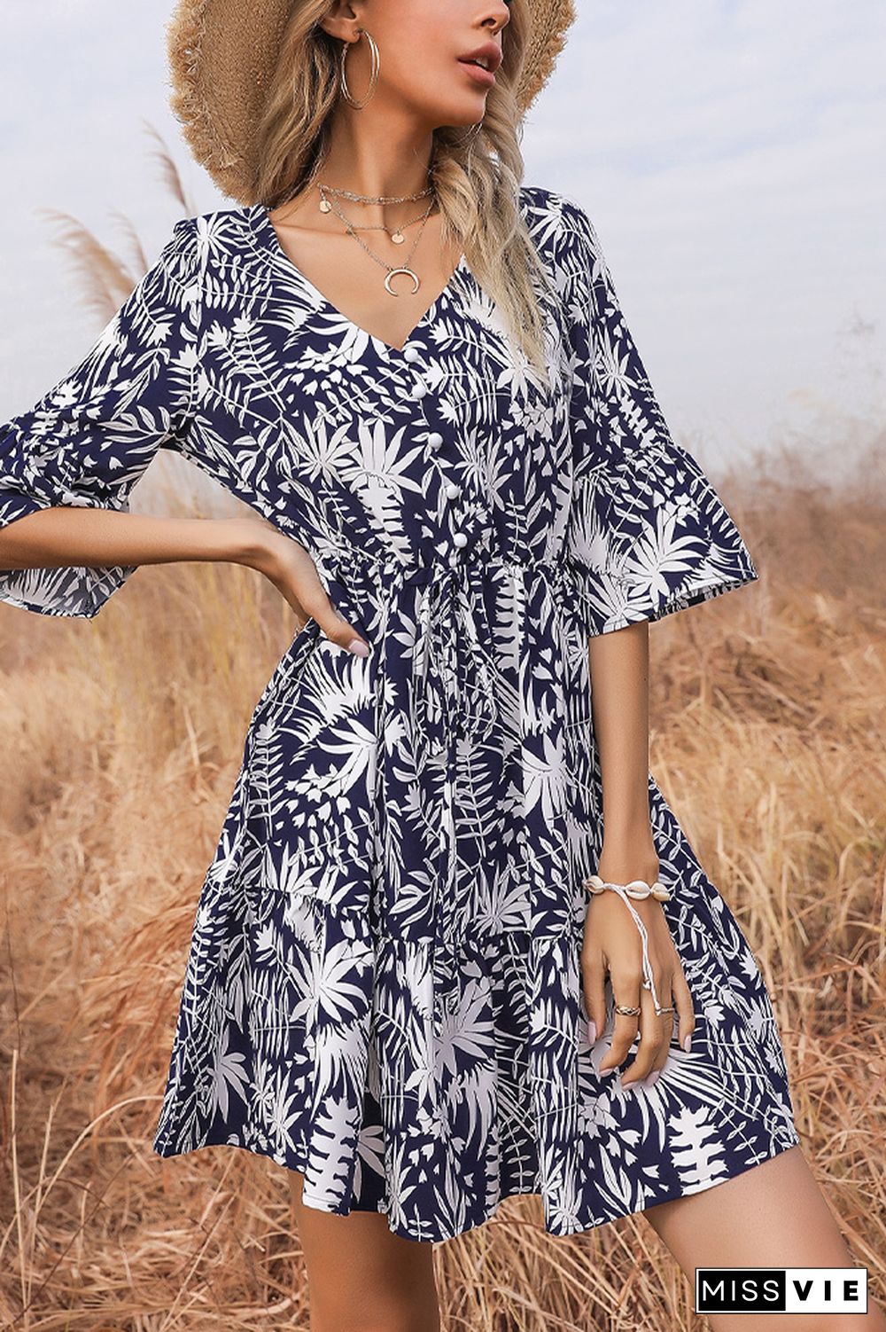 Half Sleeves V Neck Leaf Printing Splicing Dress