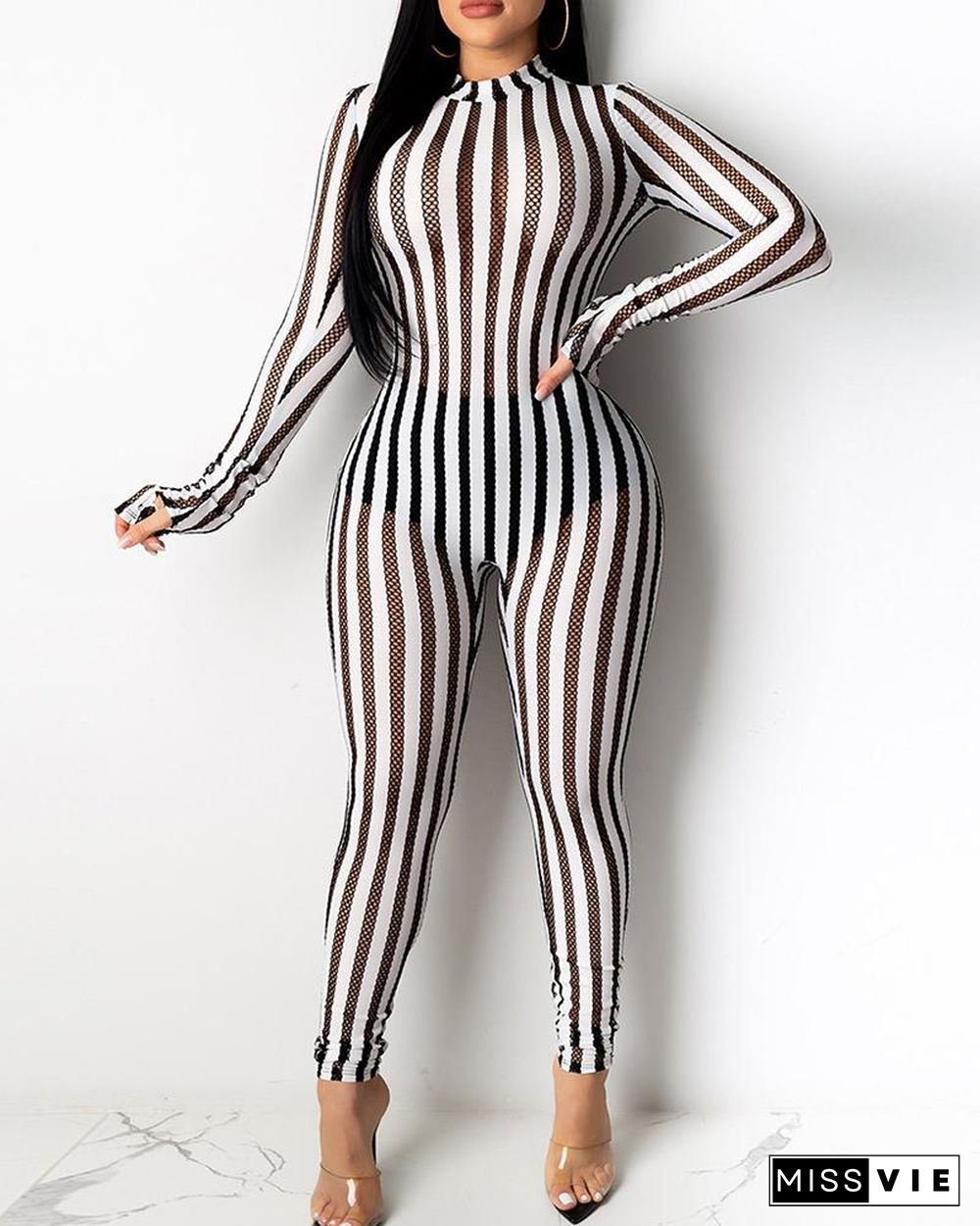 Striped Long Sleeve Casual Jumpsuit