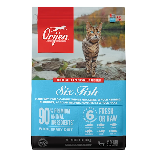 ORIJEN Grain Free Six Fish Premium High Protein Fresh and Raw Animal Ingredients Dry Cat Food， 4 lbs.