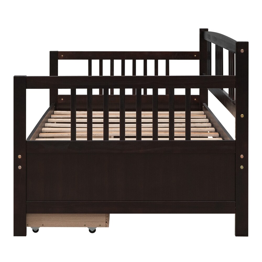 Twin Size Wood Daybed with 2 Storage Drawers and 3 Side Guardrail  Wood Kid's Bed with Wood Slats for Bedroom