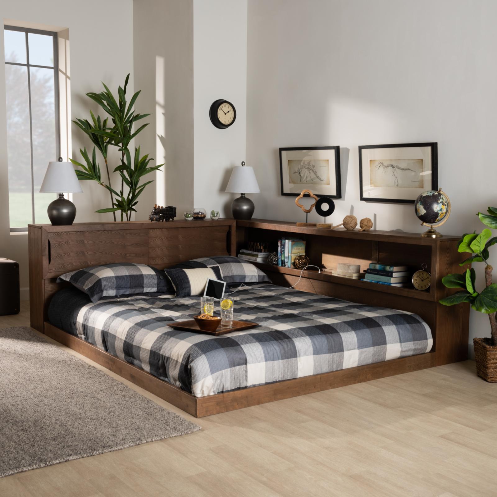 Baxton Studio Erie Modern Rustic and Transitional Walnut Brown Finished Wood Queen Size Platform Storage Bed with Built-In Outlet