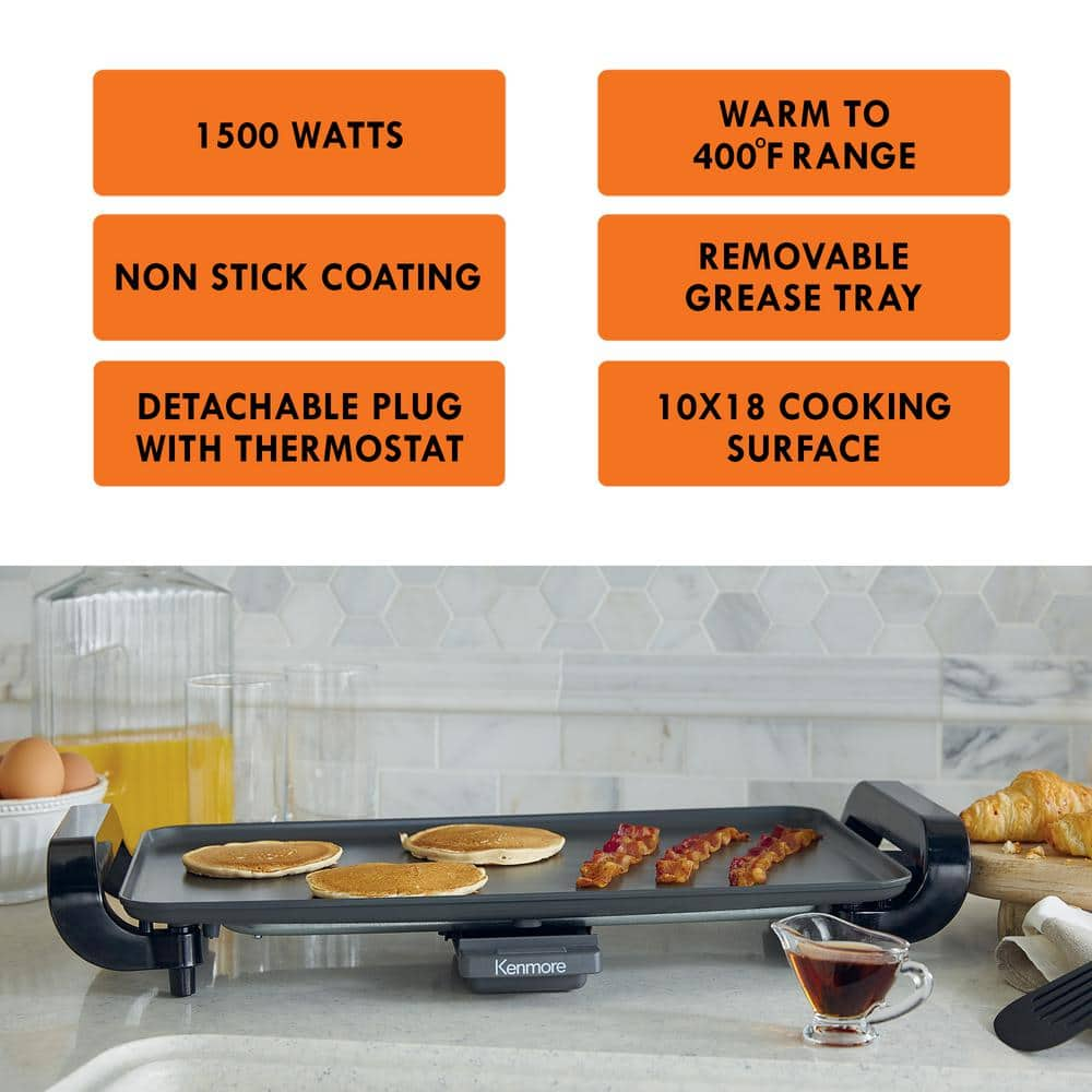 KENMORE Kenmore Non-Stick Electric Griddle with Removable Drip Tray, Black, Large 10 in. x 18 in. Cooking Surface KKNSEGGrey