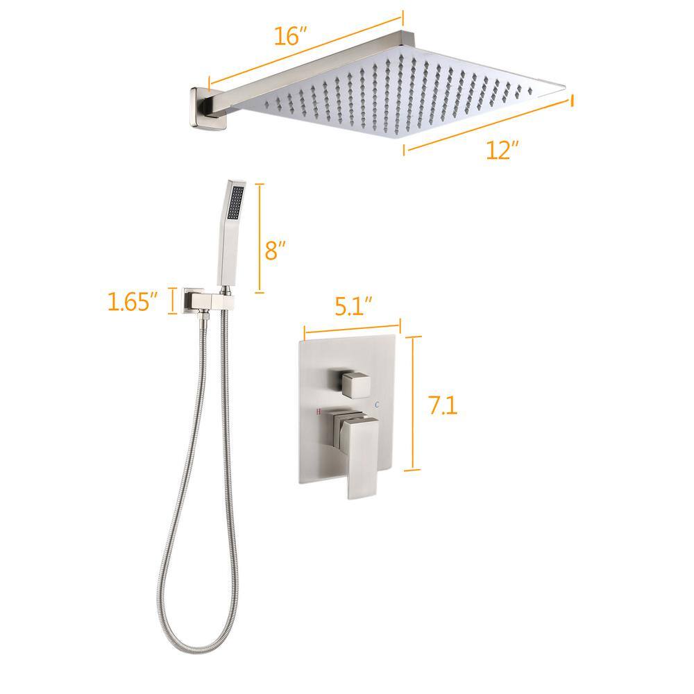 Satico Rainfall 1-Spray Square 12 in. Shower System Shower Head with Handheld in Brushed Nickel SN213006