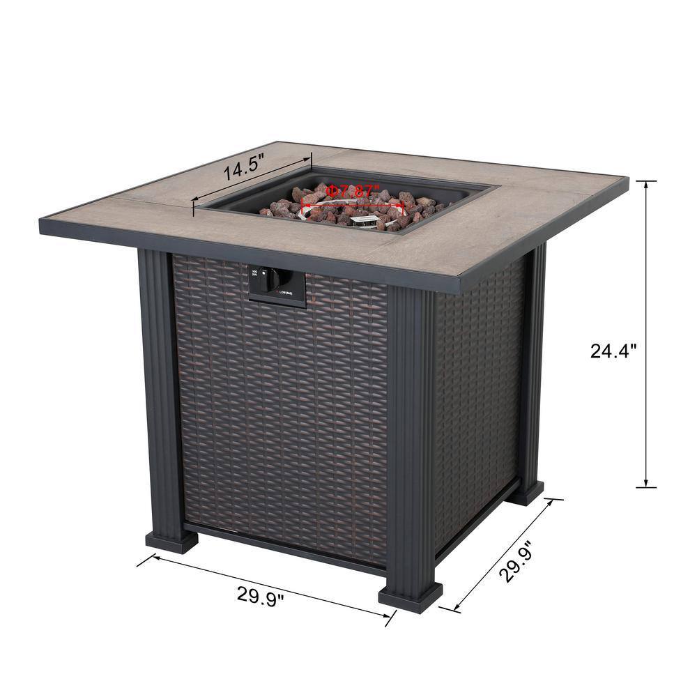 Nuu Garden 40000 BTU 30 in. x 24 in. Square Wicker-like Iron Propane Gas Fire Pit Table with Cover Ceramic Top and Lava Rocks AF011-C