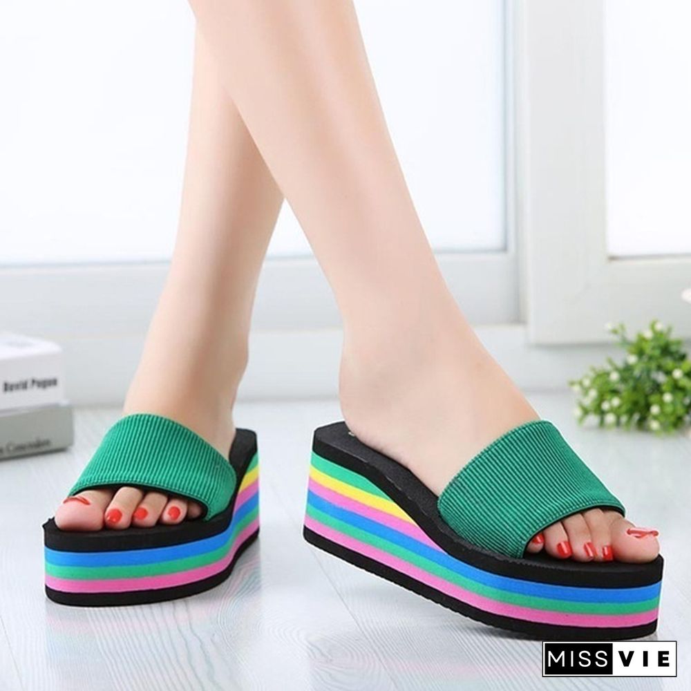 Women Fashion Summer High Heels Sandals Rainbow Non-Slip Thick Soled Slippers Ladies Platform Wedge Beach Slippers