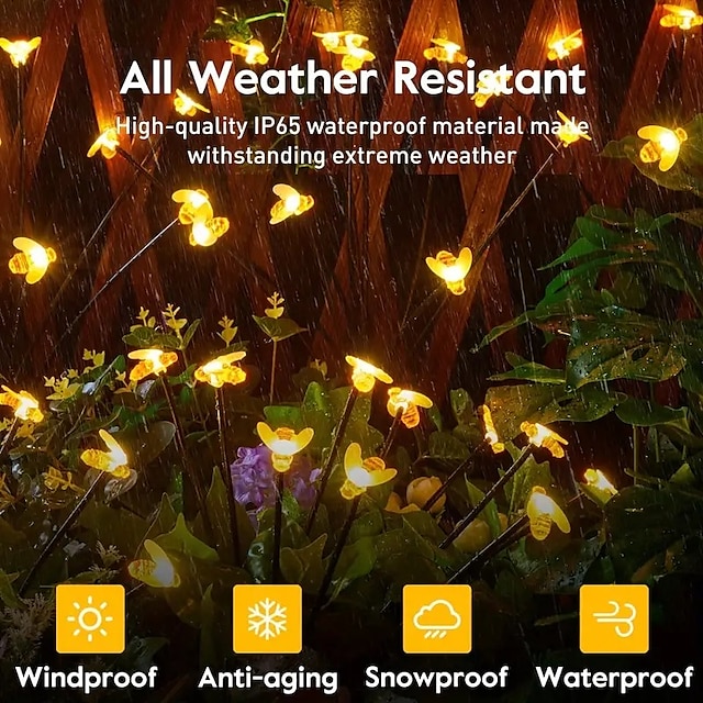 Solar Bee Firefly Lights Outdoor Waterproof Two Modes of Persistent Light and Flashing 6/8/10 Heads Warm White